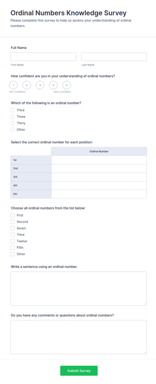 Ordinal Numbers Knowledge Survey Form Template