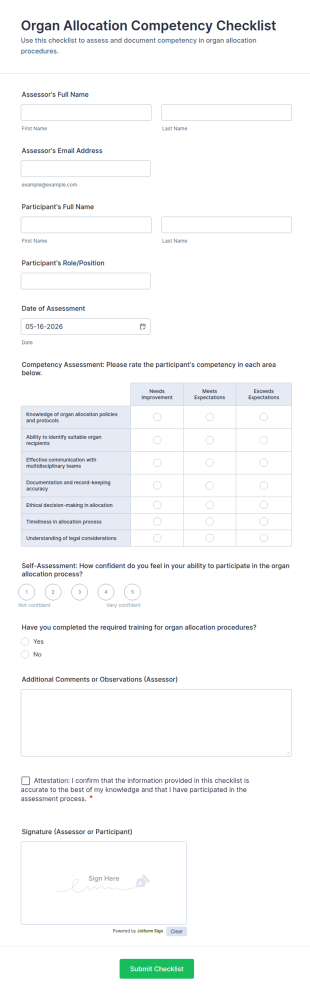 Organ Allocation Competency Checklist Form Template