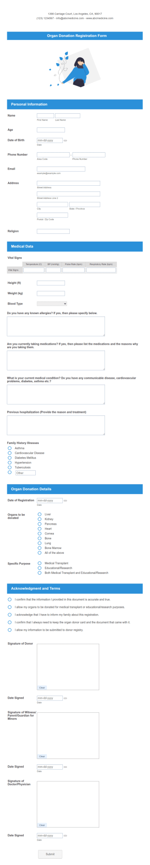 Organ Donation Registration Form Template