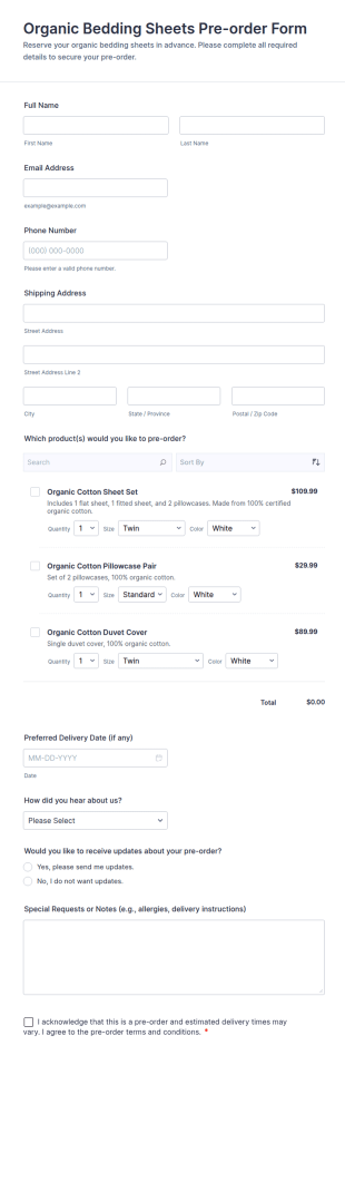 Organic Bedding Sheets Pre Order Form Template