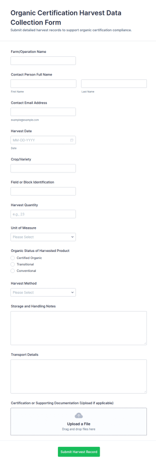 Organic Certification Harvest Data Collection Form Template