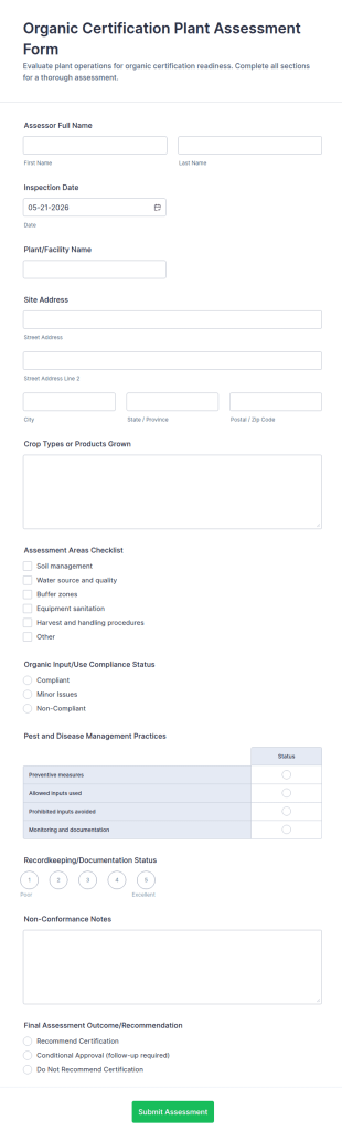 Organic Certification Plant Assessment Form Template