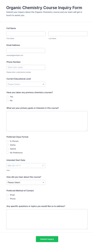 Organic Chemistry Course Inquiry Form Template