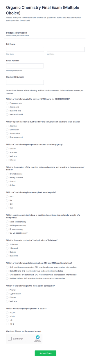 Organic Chemistry Final Exam (Multiple Choice) Form Template