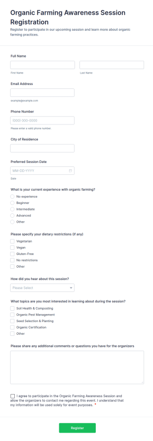 Organic Farming Awareness Session Registration Form Template