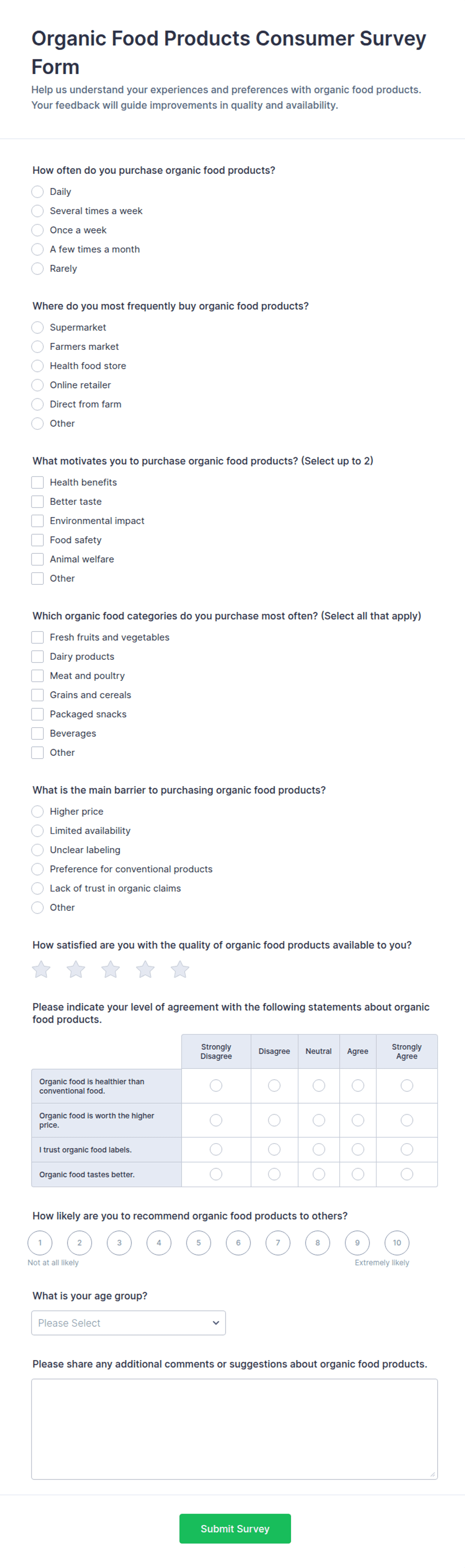 Organic Food Products Consumer Survey Form Template | Jotform