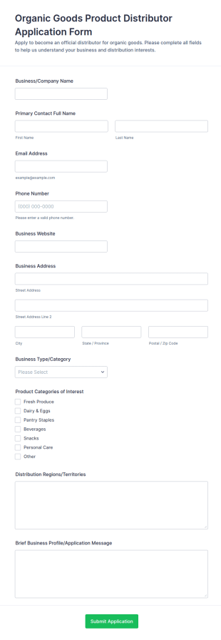 Organic Goods Product Distributor Application Form Template