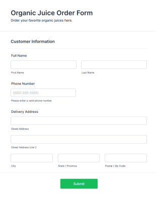 Organic Juice Order Form Template