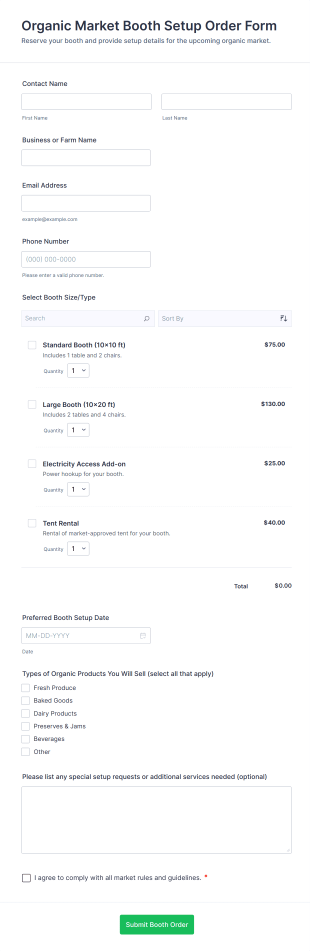 Organic Market Booth Setup Order Form Template