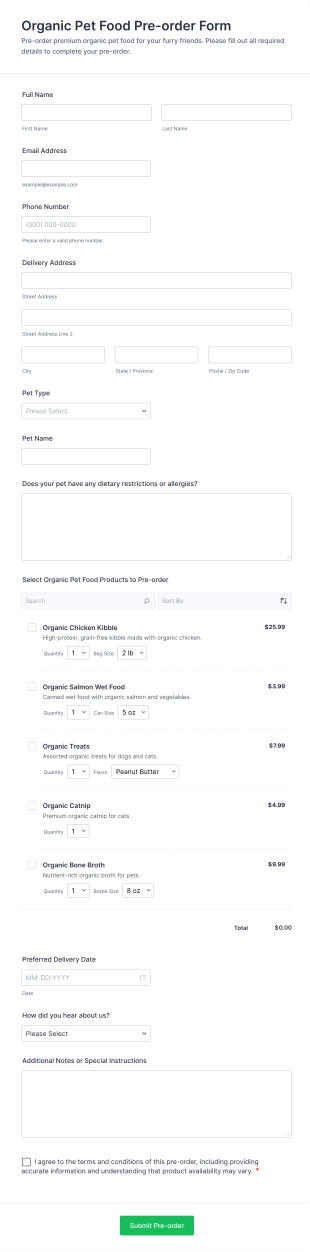 Organic Pet Food Pre Order Form Template
