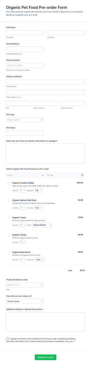 Organic Pet Food Pre Order Form Template