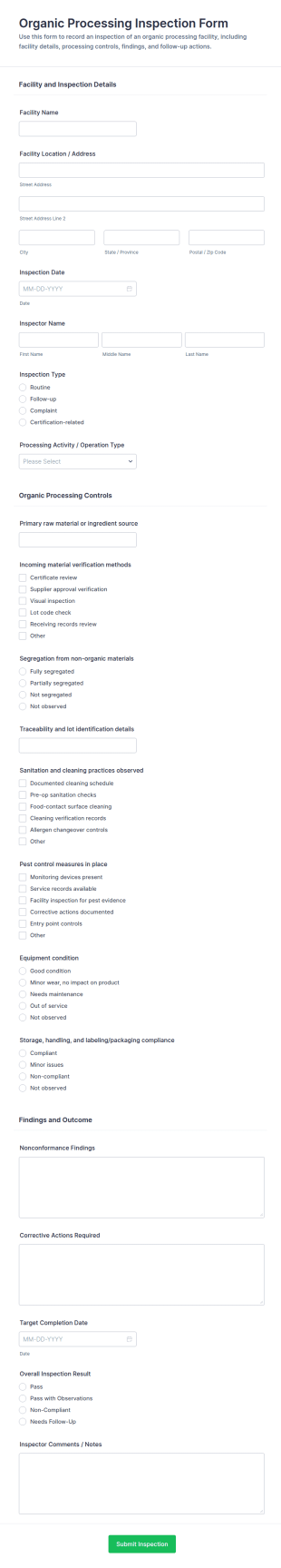 Organic Processing Inspection Form Template