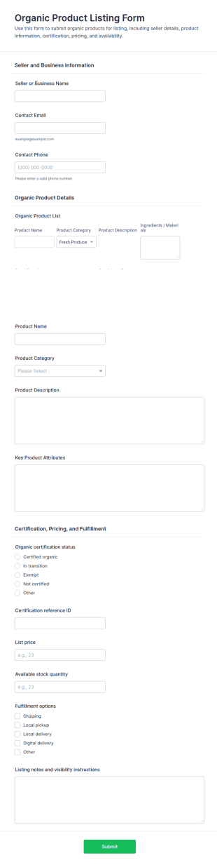 Organic Product Listing Form Template