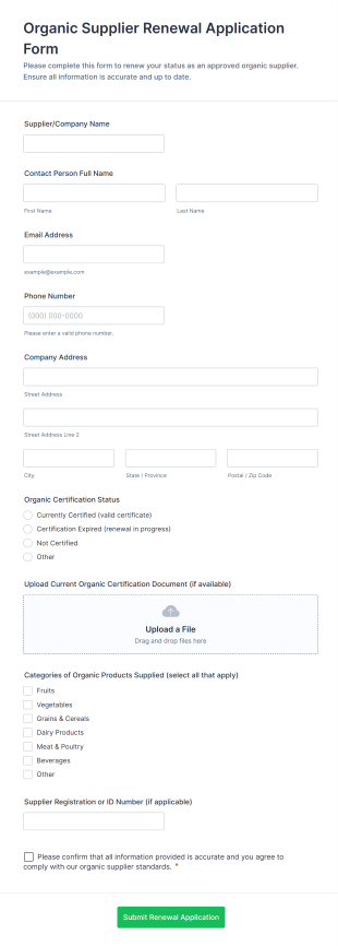 Organic Supplier Renewal Application Form Template