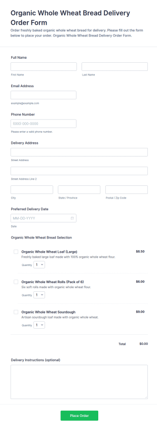 Organic Whole Wheat Bread Delivery Order Form Template
