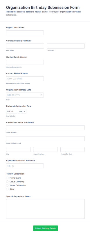 Organization Birthday Submission Form Template
