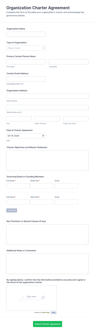 Organization Charter Agreement Form Template