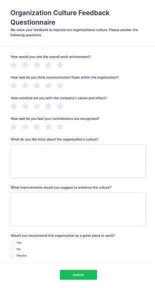 Organization Culture Feedback Questionnaire Form Template