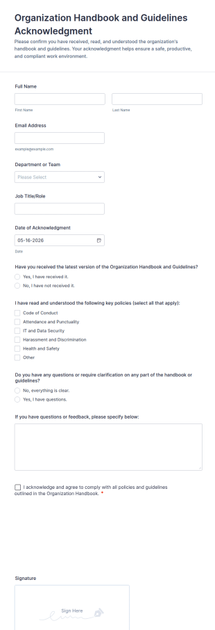 Organization Handbook And Guidelines Acknowledgment Form Template