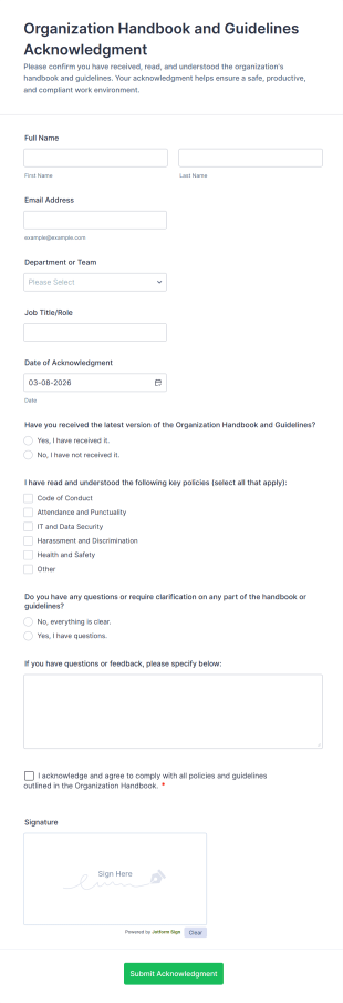 Organization Handbook And Guidelines Acknowledgment Form Template