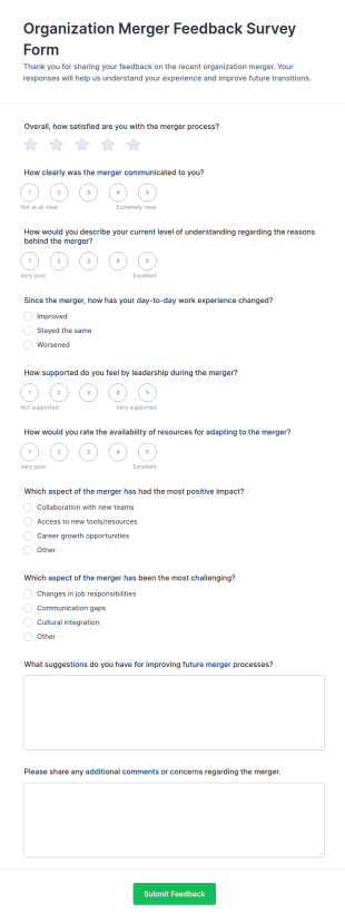 Organization Merger Feedback Survey Form Template