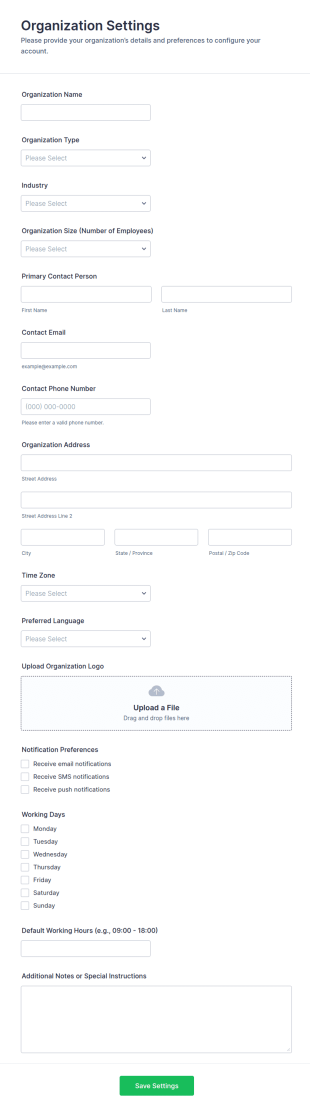 Organization Settings Form Template