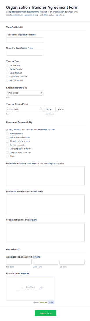 Organization Transfer Agreement Form Template