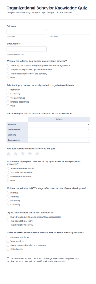 Organizational Behavior Knowledge Quiz Form Template