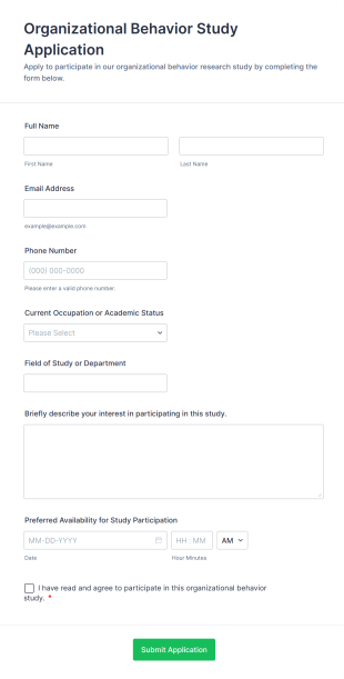Organizational Behavior Study Application Form Template