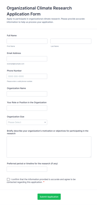 Organizational Climate Research Application Form Form Template