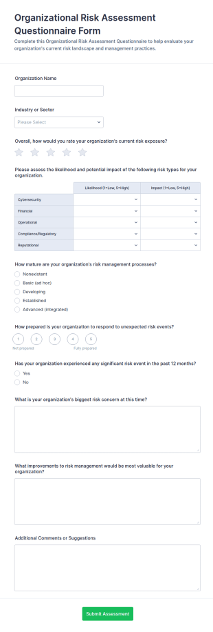 Organizational Risk Assessment Questionnaire Form Template