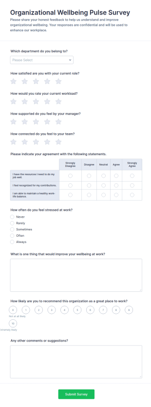Organizational Wellbeing Pulse Survey Form Template