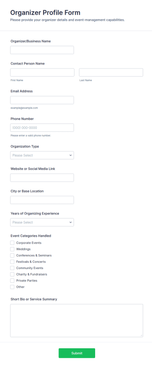 Organizer Profile Form Template