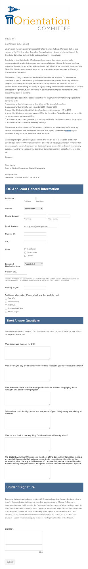 Orientation Committee Application Form Template