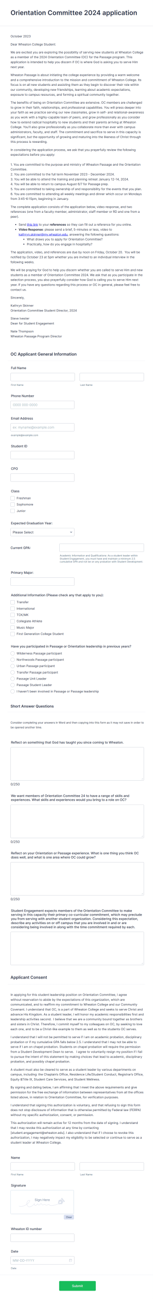 Orientation Committee Application Form Template