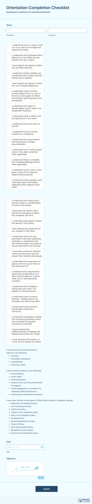 Orientation Completion Checklist Form Template
