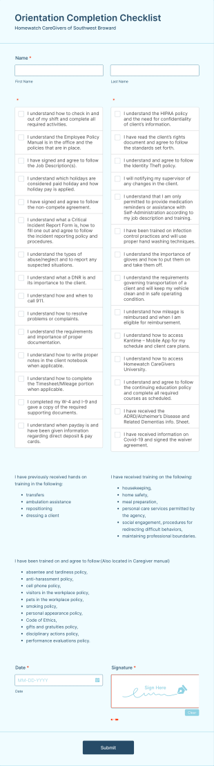 Orientation Completion Checklist Form Template