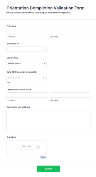 Orientation Completion Validation Form Template