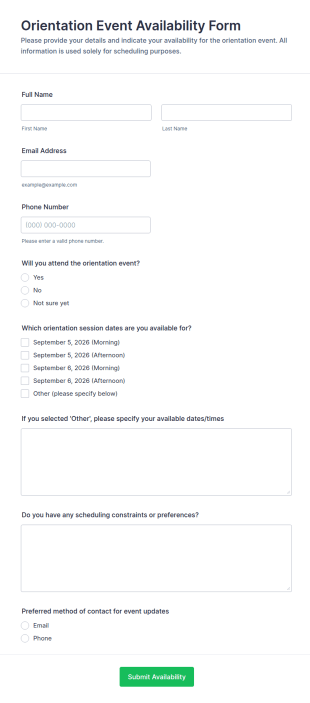 Orientation Event Availability Form Template