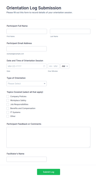 Orientation Log Submission Form Template