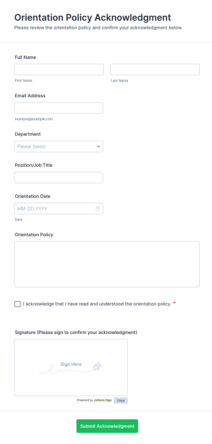 Orientation Policy Acknowledgment Form Template