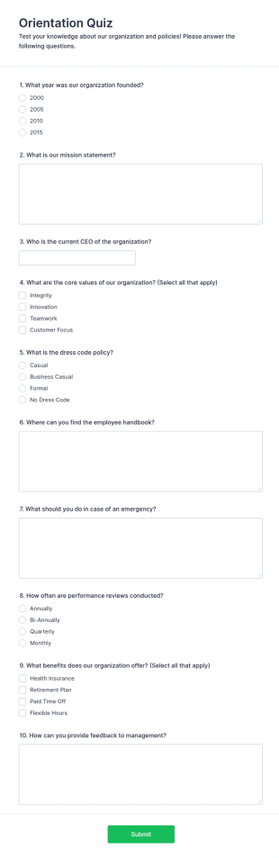 Orientation Quiz Form Template