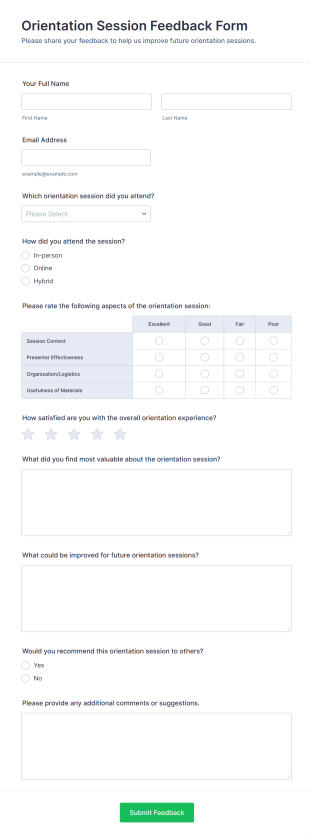 Orientation Session Feedback Form Template