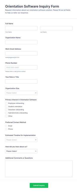 Orientation Software Inquiry Form Template