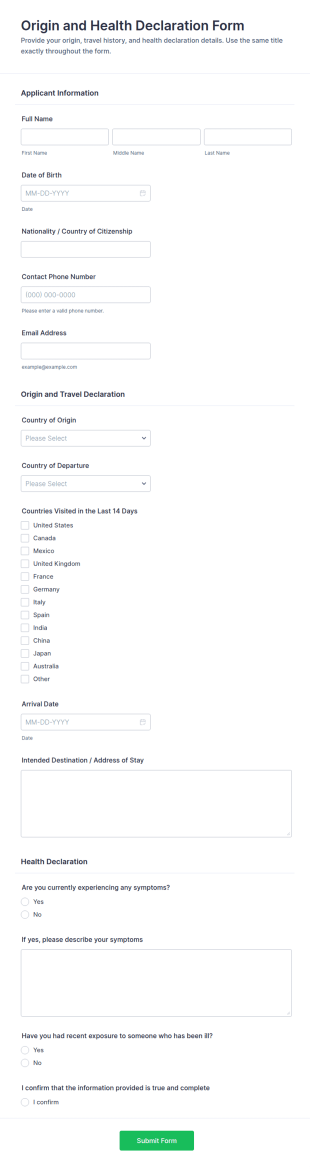 Origin And Health Declaration Form Template