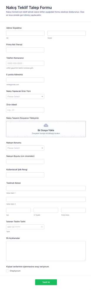 Nakış Teklif Talep Form Şablonu