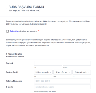 Örnek Burs Başvuru Form Şablonu