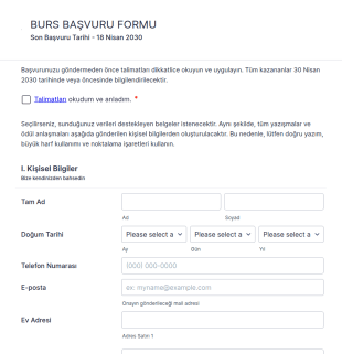 Örnek Burs Başvuru Form Şablonu