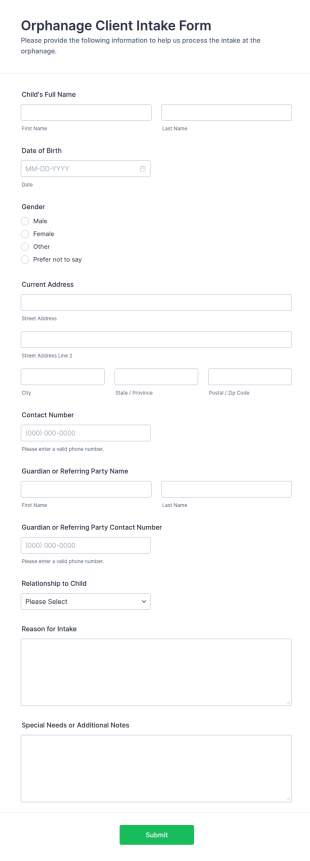 Orphanage Client Intake Form Template