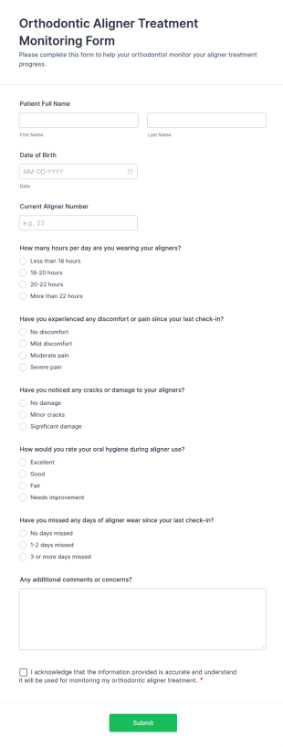 Orthodontic Aligner Treatment Monitoring Form Template